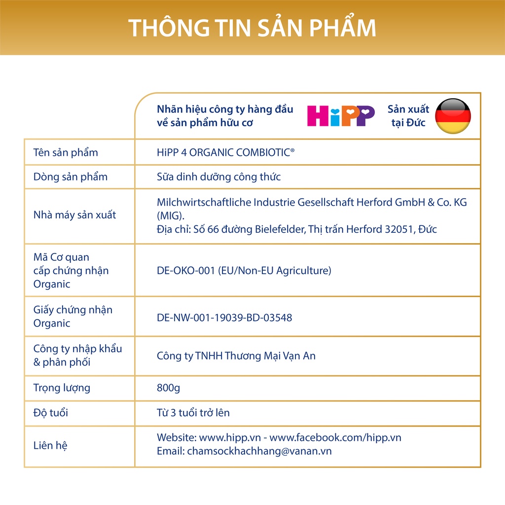 Thùng 6 lon Sữa bột công thức HiPP 4 Organic Combiotic 800g (dành cho trẻ từ 3 tuổi) (6 lon x 800g)