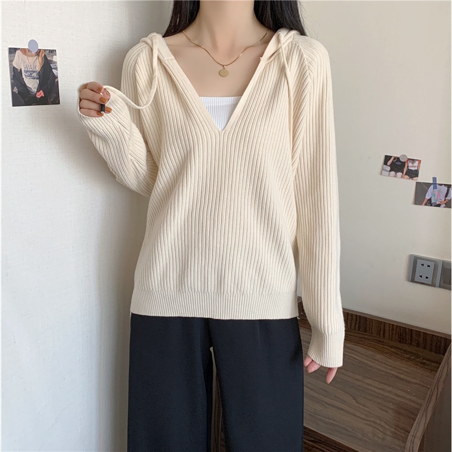SUXI Áo Sweater Dệt Kim Có Mũ Trùm Tay Dài Dáng Rộng Vải Mềm Màu Trơn Kiểu Hàn Quốc Dễ Thương Cho Bạn Gái