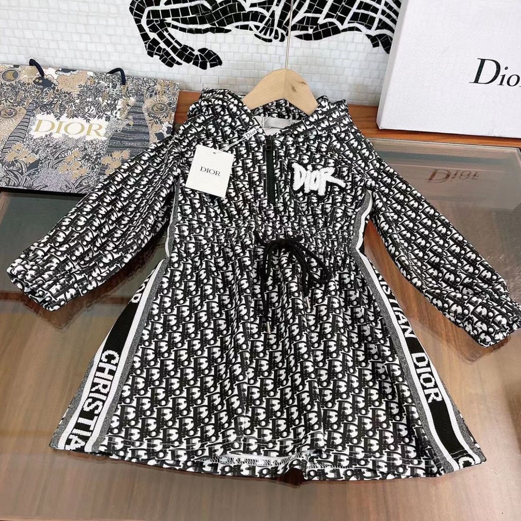 Dior_Bộ Áo Thun Cotton Jacquard Tay Dài + Chân Váy Thời Trang Mùa Hè Cho Bé Gái