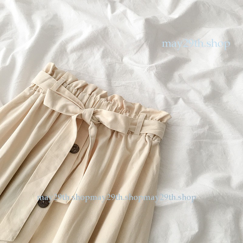 Sẵn hàng Chân váy kaki dáng dài kèm đai thắt đính khuy Vintage Hàn Quốc