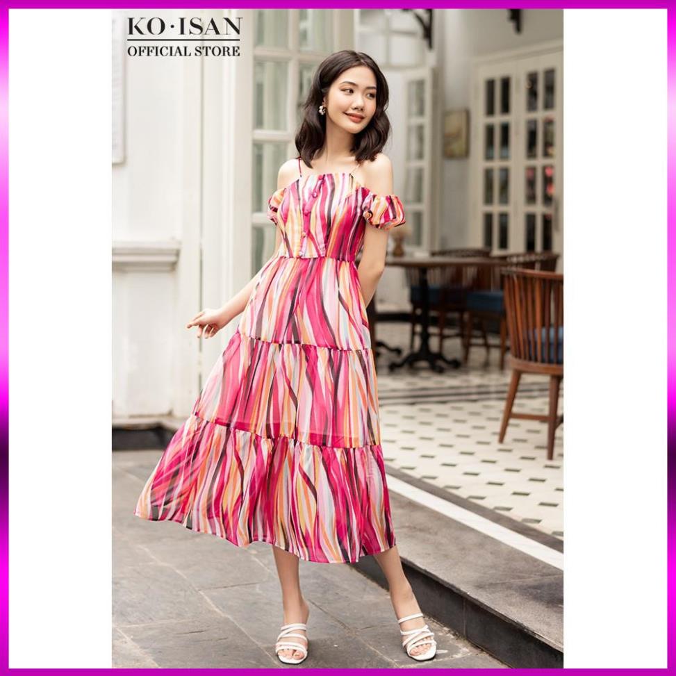 Đầm hai dây trễ vai KO-ISAN chất vải voan mềm mại họa tiết hoa hồng nhẹ nhàng, quyến rũ - 21056503-2