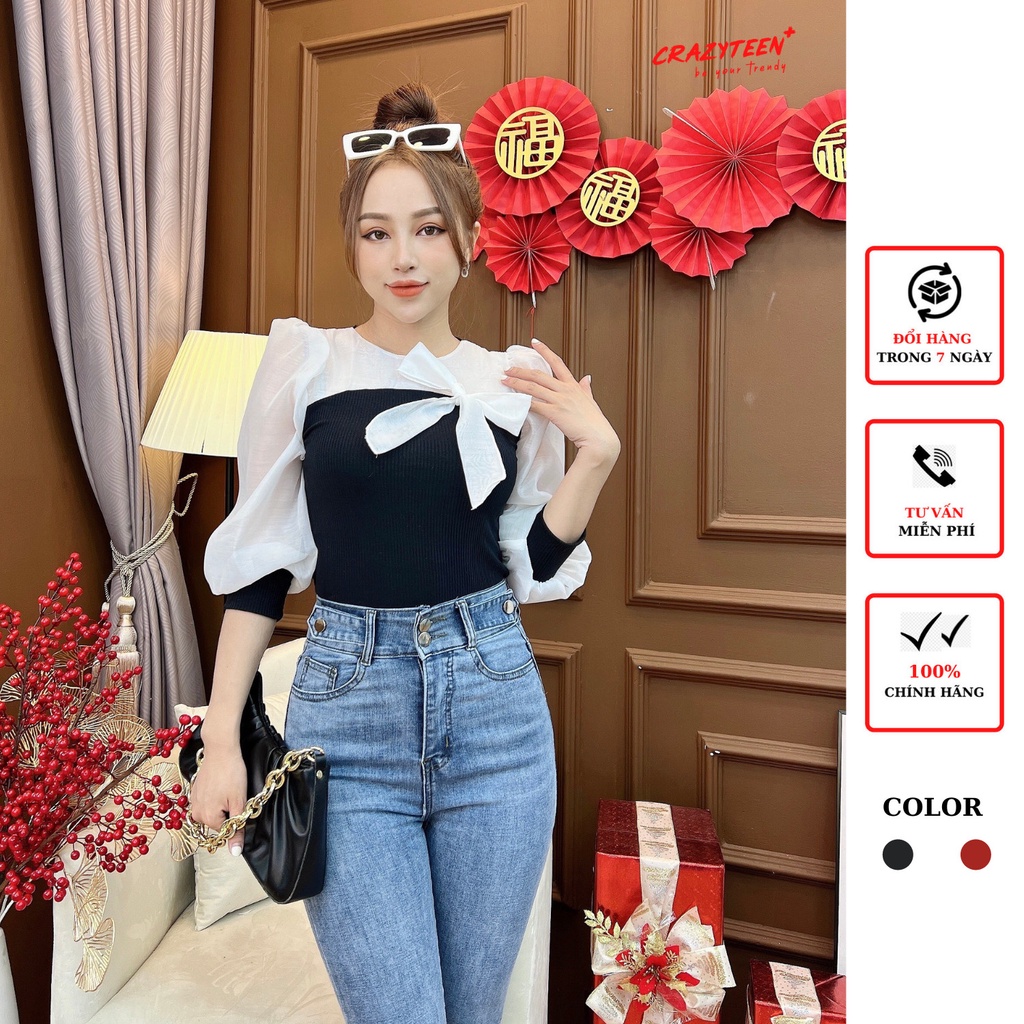 Áo thun tay bồng nữ CRAZYTEEN đính nơ AT0251