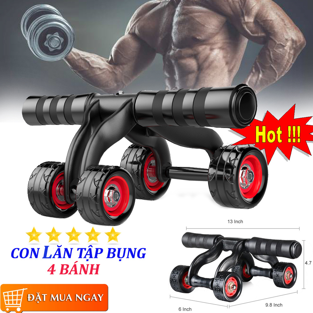 Con Lăn Tập Cơ Bụng 4 Bánh, Dụng Cụ giúp Lấy Vòng Eo Săn Chắc Chỉ Sau 3 Tuần ( Tặng Kèm Miếng Đệm Mút Đầu Gối )