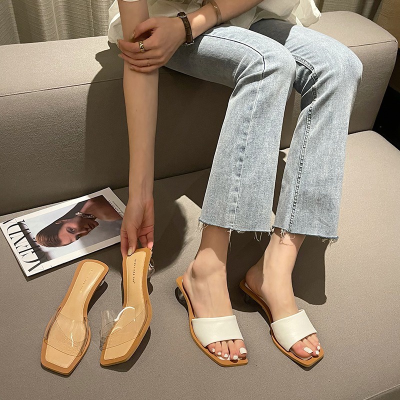 Ielgy Dép Gót Dày Đính Pha Lê Màu Trơn Đơn Giản Thời Trang Mùa Hè