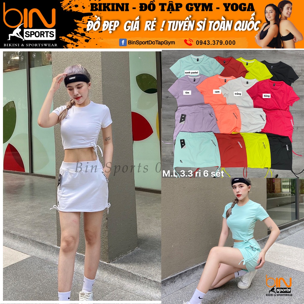 Đồ tập gym nữ, set bộ đùi thể thao áo crop ngắn tay dây rút quần đùi váy cao cấp Bin Sports BN039