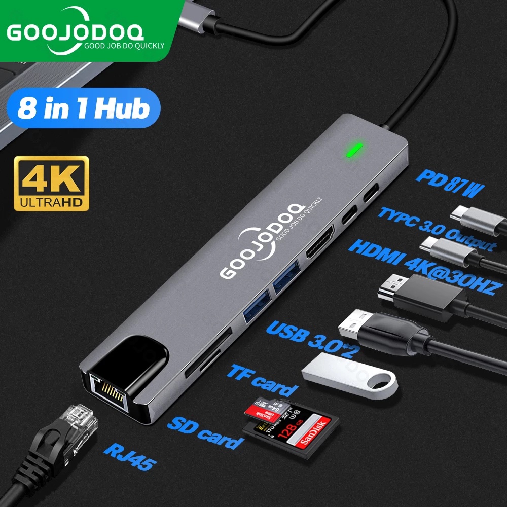 Bộ chia cổng GOOJODOQ USB Type C 11 trong 1 RJ 45 VGA sang HDMI 4K Lan Ethernet HDTV hỗ trợ thẻ SD TF