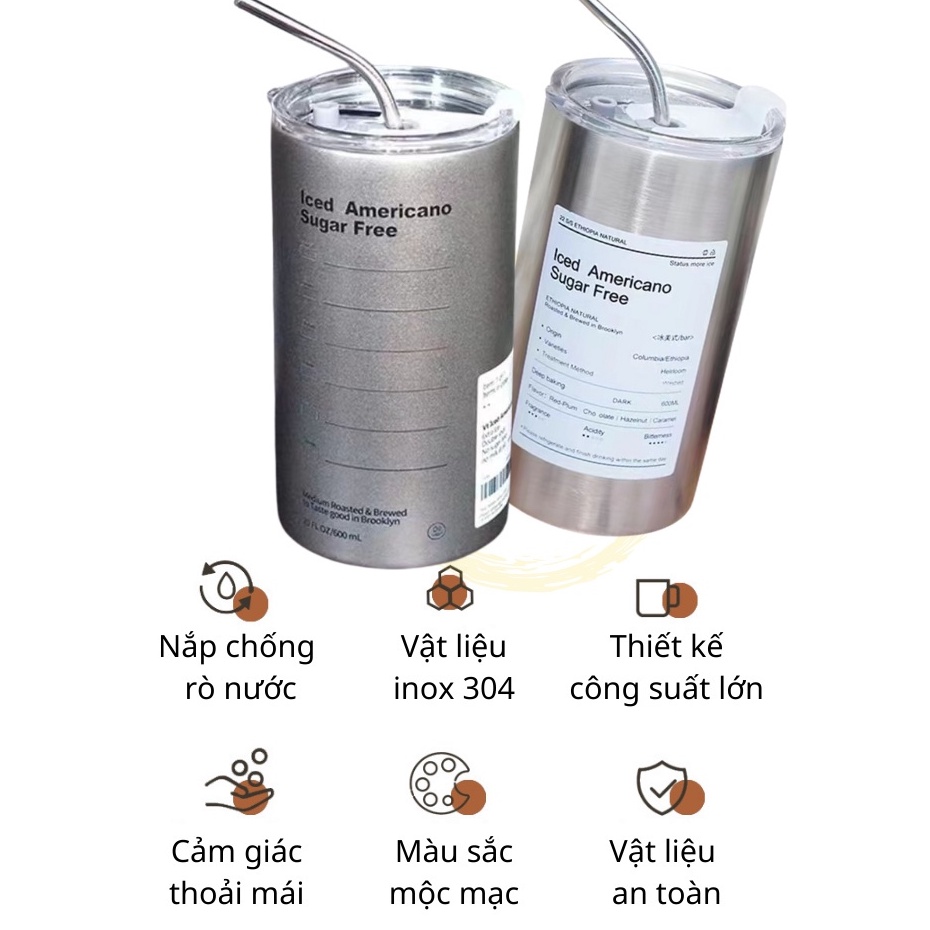 Cốc giữ nhiệt INOX, bình giữ nhiệt bằng thép không gỉ có ống hút uống coffee hiệu suất 6-8 tiếng