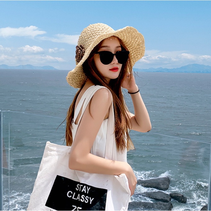 Nón cói rộng vành đính hoa thời trang đi biển mùa hè dành cho nữ