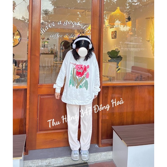 Áo Nỉ Sweat Nữ tay bồng form rộng, Áo hoodie Hoa Hồng chất nỉ bông cá tính Ulzzang