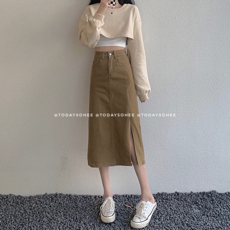 Chân váy jeans nâu rêu xẻ tà