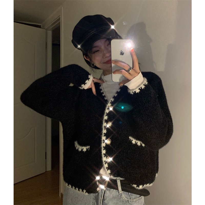 Hàng sẵn_Áo khoác len rộng dáng dài dày dặn có nút cài Hàn quốc