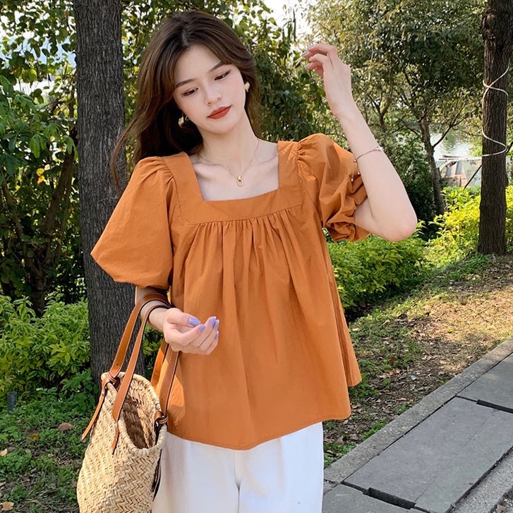 Áo Sơ Mi Tay Ngắn Phồng Cổ Vuông Thời Trang Dành Cho Nữ