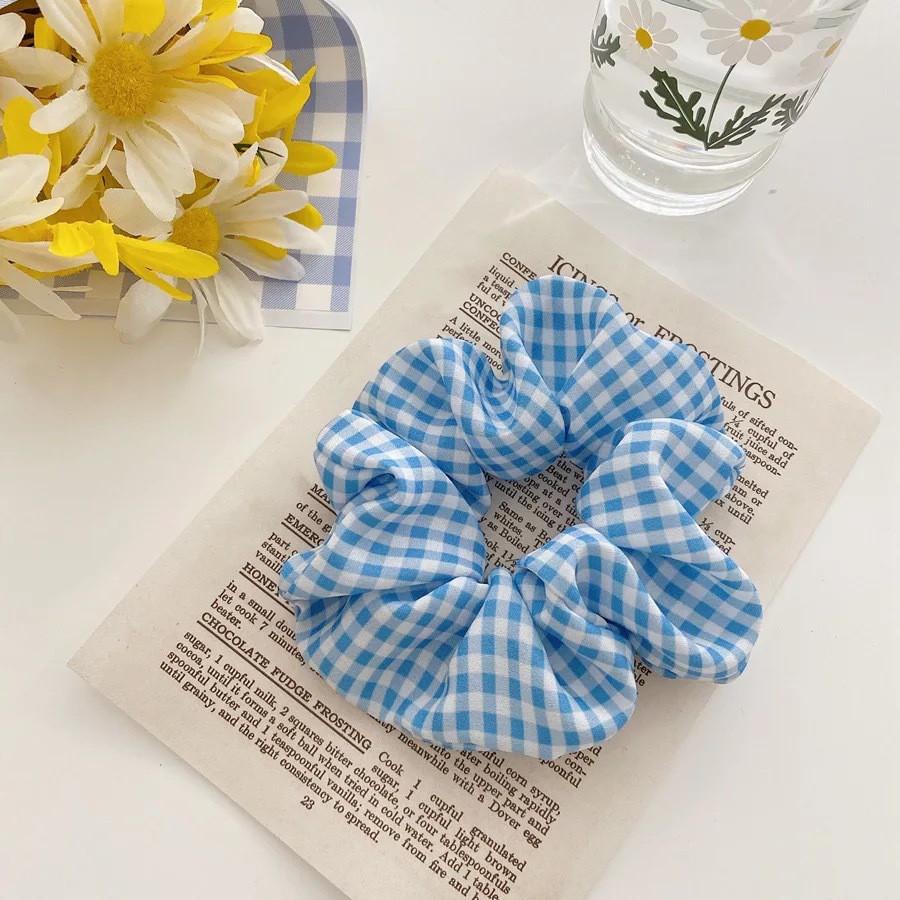 Dây buộc tóc scrunchie xanh caro phong cách thời trang Hàn Quốc