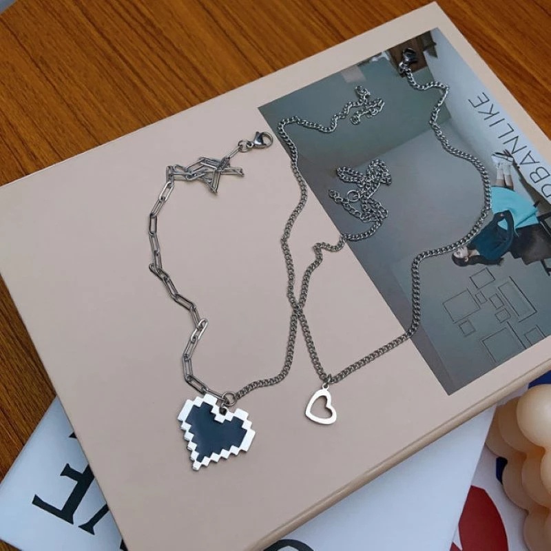 Vòng cổ hai lớp mặt hình trái tim màu đen phong cách Punk Hàn Quốc cho nữ