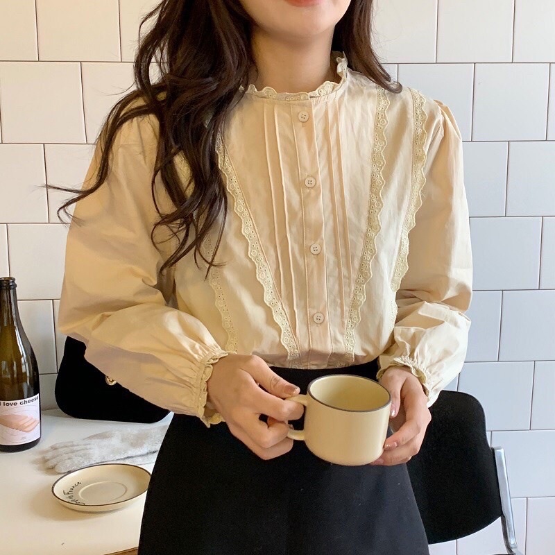 Áo sơ mi cổ tròn viền ren 2 màu - Áo babydoll viền ren chéo lệch ulzzang