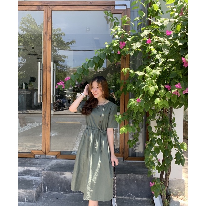 Đầm linen tưng rút dây