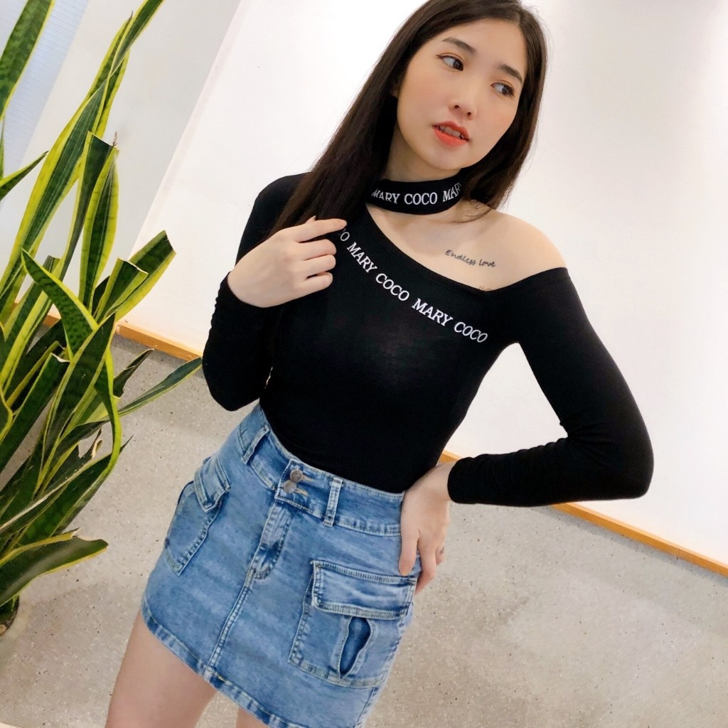 Áo Kiểu Tay Dài Trễ Vai Cổ Phối Kiểu Choker, Dáng Ôm, Freesize 53kg, Chất Borip Lụa Mềm Mịn Co Giản Ảnh Thật