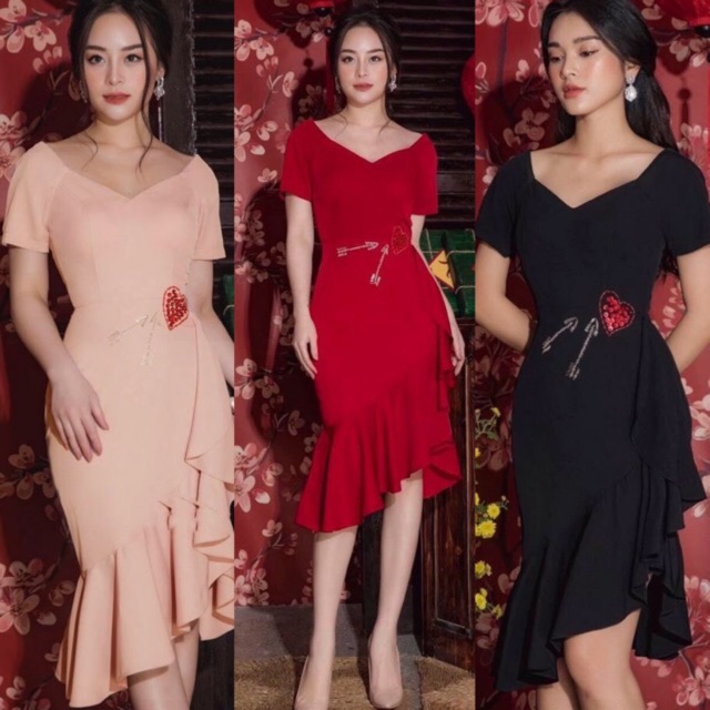 Đầm váy dự tiệc thiết kế cao cấp cổ tim lệch tà đuôi cá xòe (có BIG SIZE - hình thật chụp)