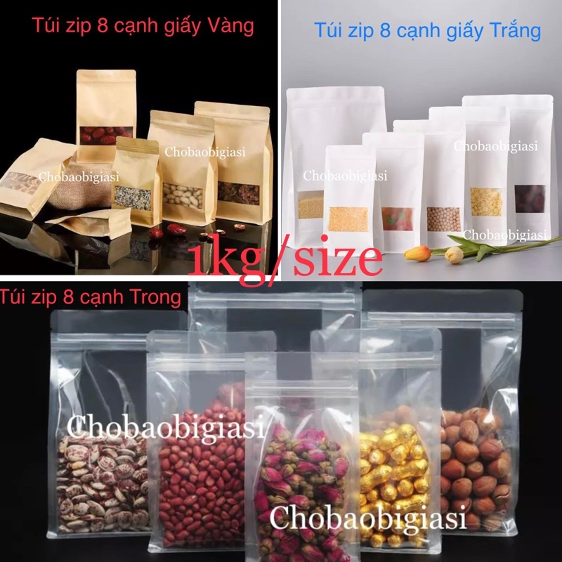 {1Kg/Size} Túi Zip 8 Cạnh Giấy Trắng/ Giấy Vàng Có Cán Màng, Túi Zip 8 Cạnh Trong Đựng Hạt, Đậu, Bột.. (Hàng Đẹp Loại 1)