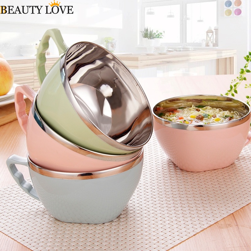 Bát Ăn Mì Bằng Thép Không Gỉ Có Tay Cầm / Bát Cơm / Tô Mì Ăn Liền Có Nắp Đậy