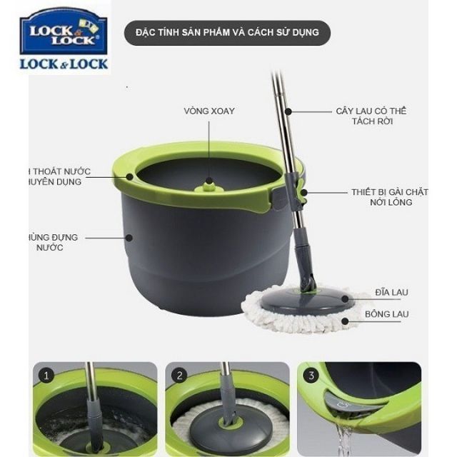 Giá tri ân khách hàng! Bộ cây lau nhà Inox xoay tay mini Ettom Lock&Lock ETM498 - 2 Bông Lau