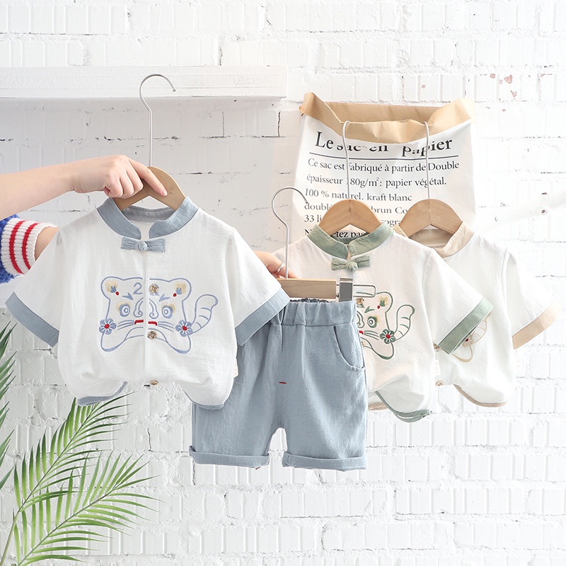 Summer Kids Baby Short Sleeve Suit Traditional Chinese TangZhuang Clothes Set Infant Boys Cute Embroidered Tiger Hanfu