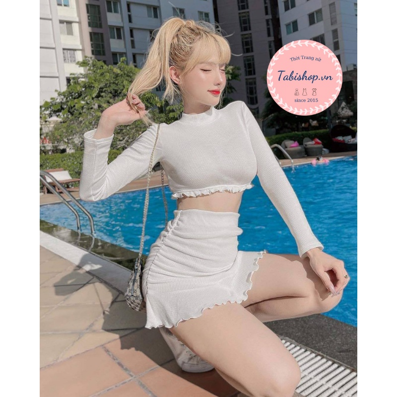 Set đồ nữ ôm body sang chảnh set váy áo croptop dài tay vải thun gân bèo lai đi chơi đi tiệc siêu xinh