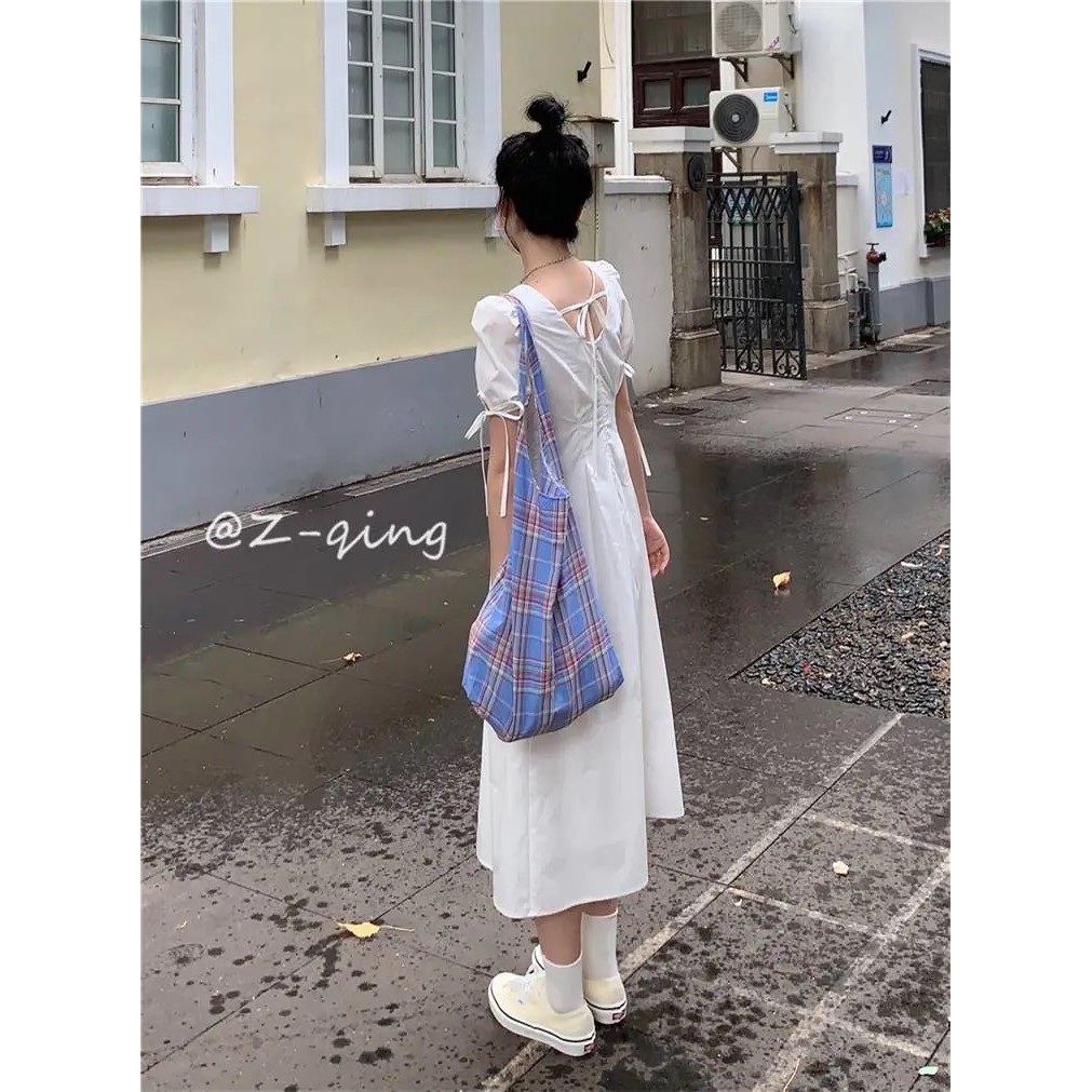 Đầm Trắng Cổ Vuông Thắt Nơ Thời Trang Cho Nữ