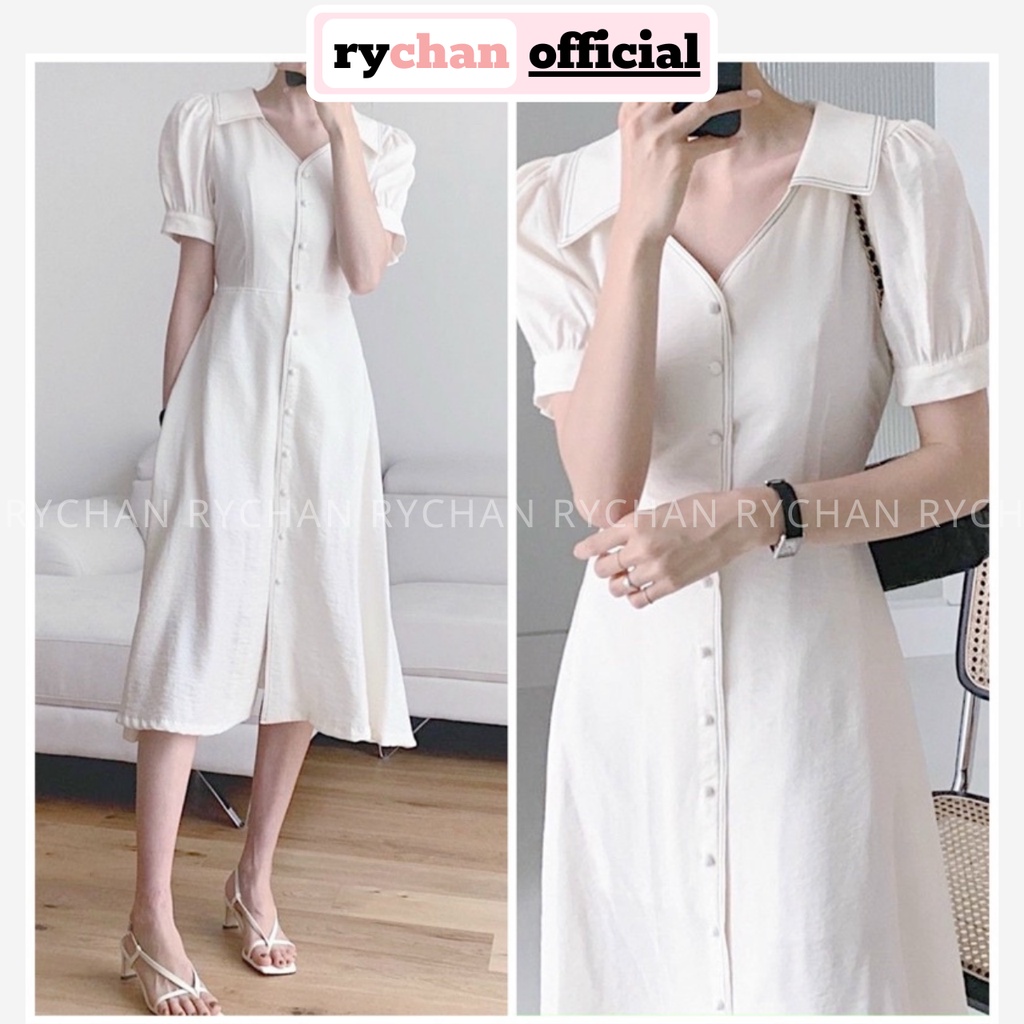 Đầm Nữ Dự Tiệc Sơ Mi Cách Tân Nút Trước Tay Ngắn Phồng Màu Trắng [ẢNH THẬT CUỐI] - DX9799