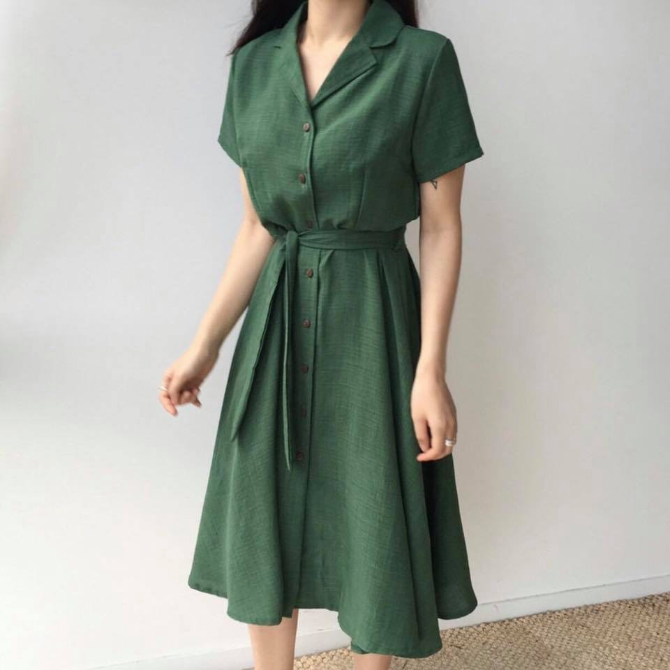 Đầm Nữ Sơ Mi Xanh Rêu Thắt Eo