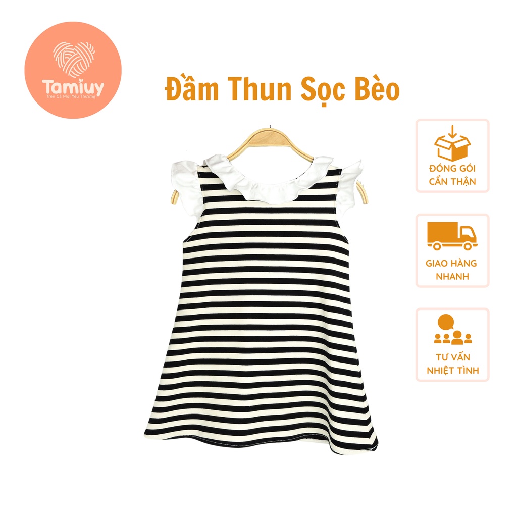 Đầm Thun Bé Gái Tamiuy Họa Tiết Kẻ Sọc Phối Cổ Bèo Chất Vải Thun Cotton Thoải Mái Dễ Thương