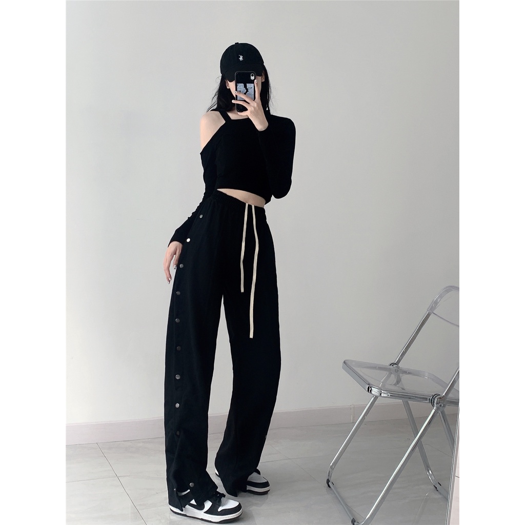 Cocory vn Quần ống rộng xẻ tà kiểu dáng thời trang phong cách retro dành cho nữ