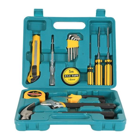 Bộ dụng cụ sửa chữa gia đình gồm 16 chi tiết: cà lê, mỏ lết, tuốc nơ vít, bút thử điện, kìm, thước dây, búa