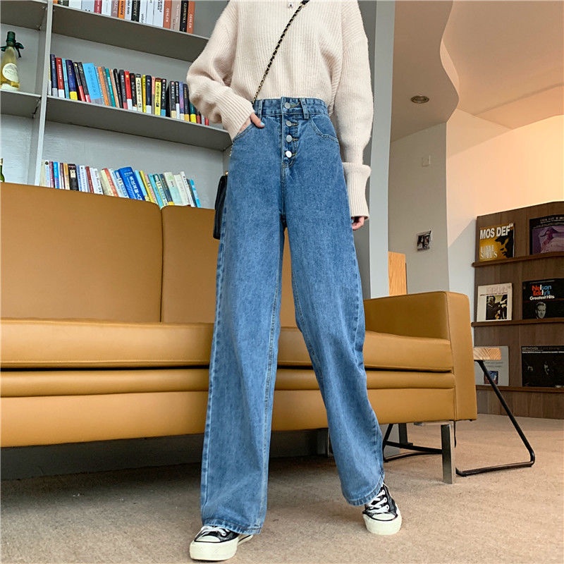 IELGY Quần denim Lưng Cao Dáng Rộng Màu Xanh Dương Phong Cách Hàn Quốc Thời Trang Cho Nữ