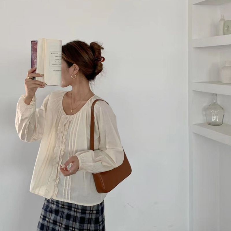 Áo babydoll cổ tròn phối bèo vintage tiểu thư