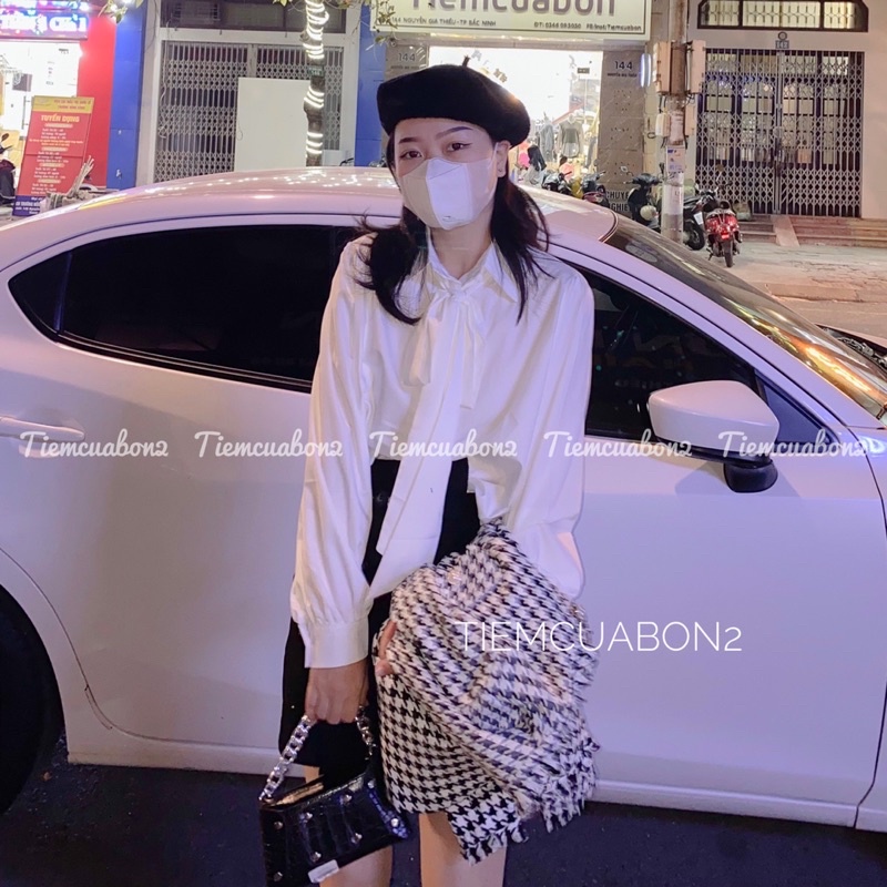Set áo sơ mi nơ buộc kèm áo dạ tweet khoác ngoài xinh mặc riêng đều được