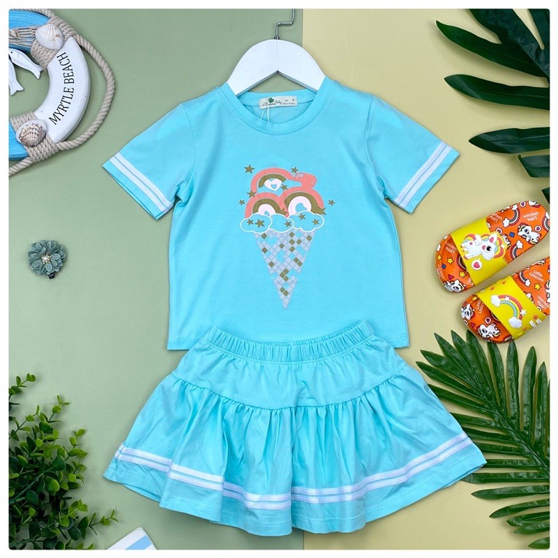 Bộ bé gái chân váy chạy sọc hình kem sz 3-10, dành cho bé từ 13-30kg. Chất cotton co giản 4 chiều
