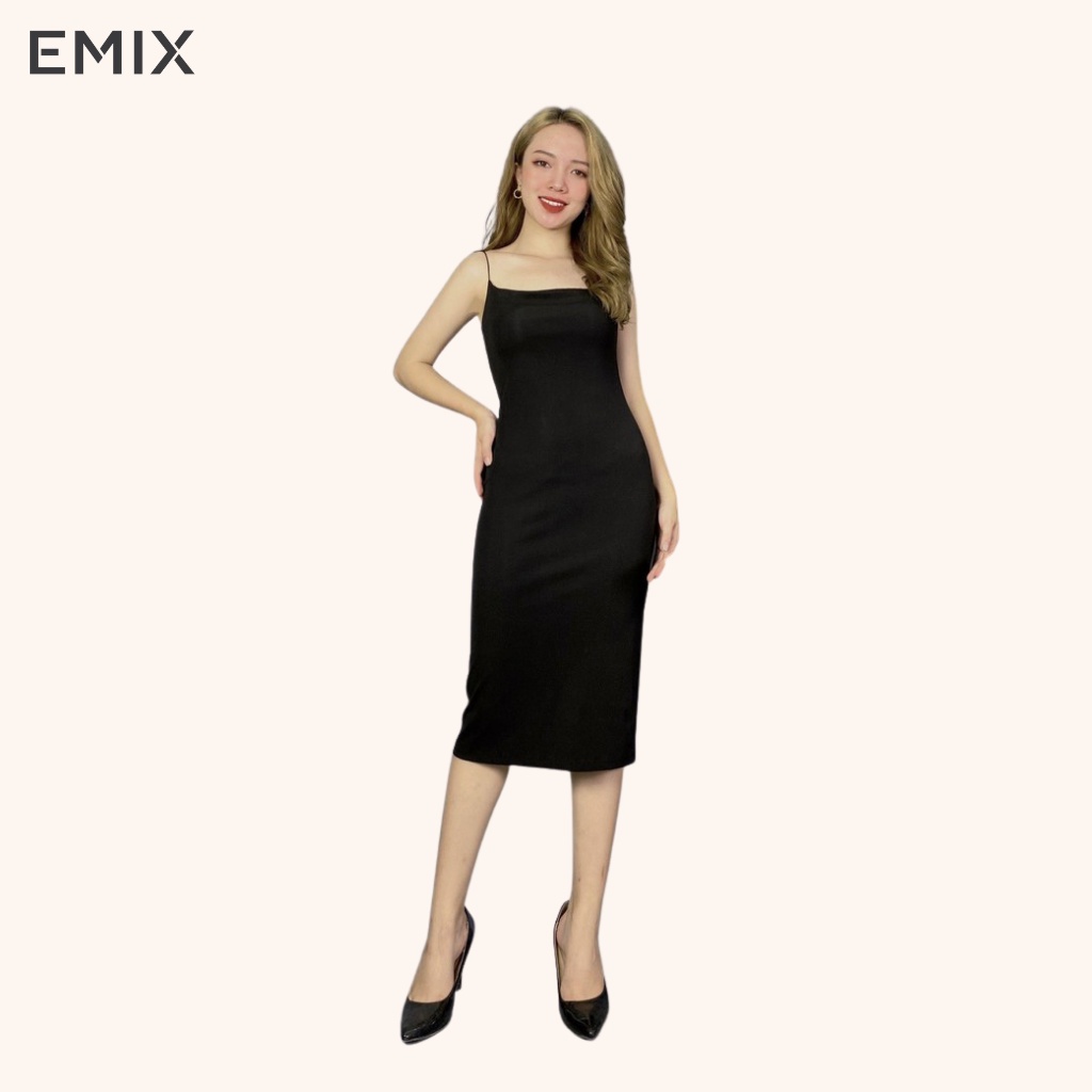Váy body 2 dây sợ bún EMIX (màu đen), maxi, dáng dài, ôm, vải thun, mềm mại, siêu co giãn, không xù, mix gì cũng hợp