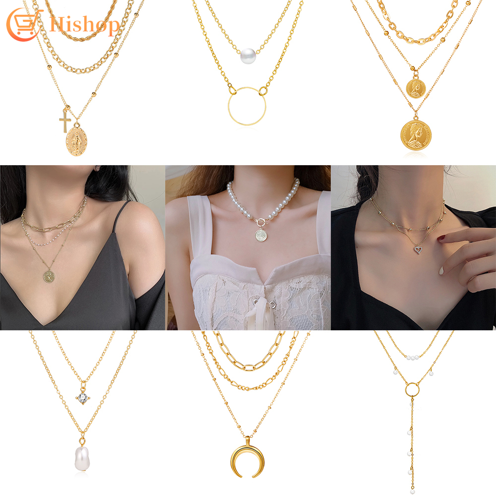 vòng cổ Nhiều Lớp Mạ Vàng Đính Ngọc Trai Nhân Tạo Thời Trang