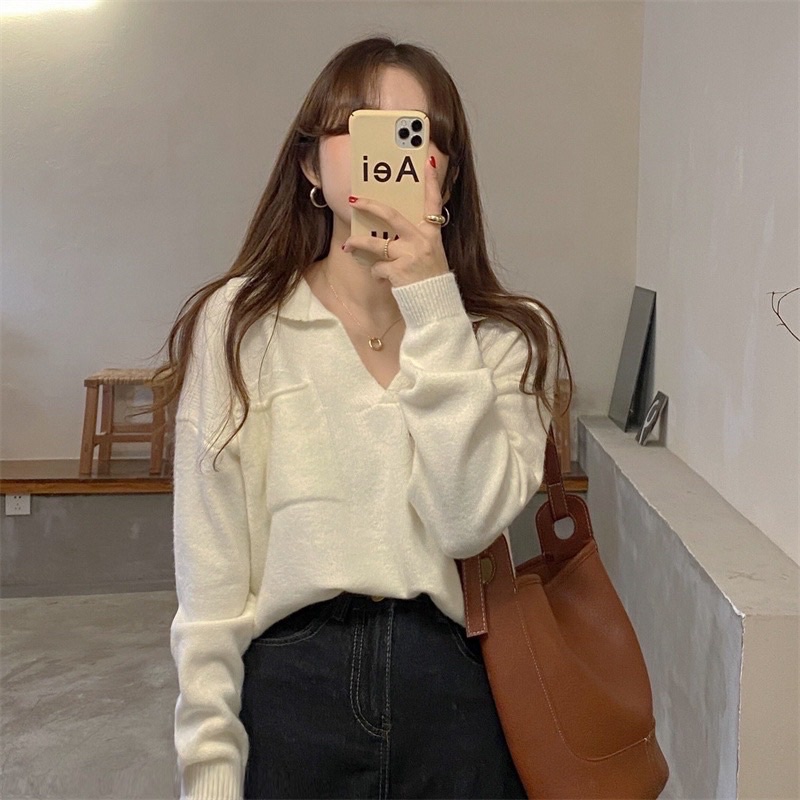 [CÓ SẴN+ẢNH THẬT] Áo len nữ form rộng cổ V mix túi ngực mẫu 2021 | BigBuy360 - bigbuy360.vn