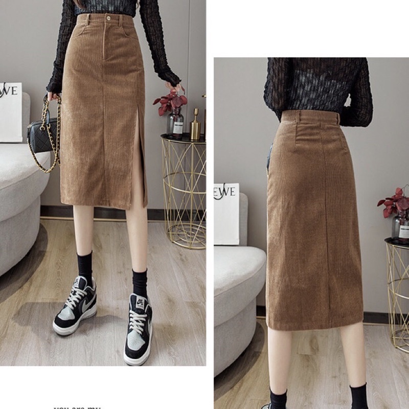 Chân váy nhung tăm dài xẻ đùi dáng váy chữ A. Chân váy công sở vintage quảng châu