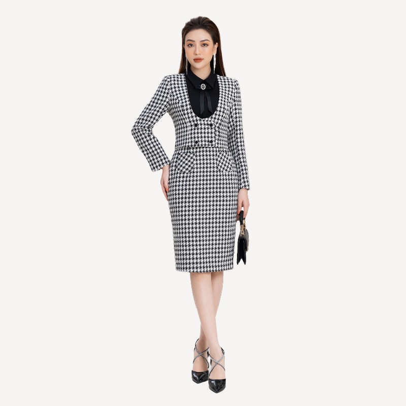 (NG) Bộ đồ dạ Text kẻ đen trắng: Áo Vest lửng, đầm phối đen Toson B8472K61