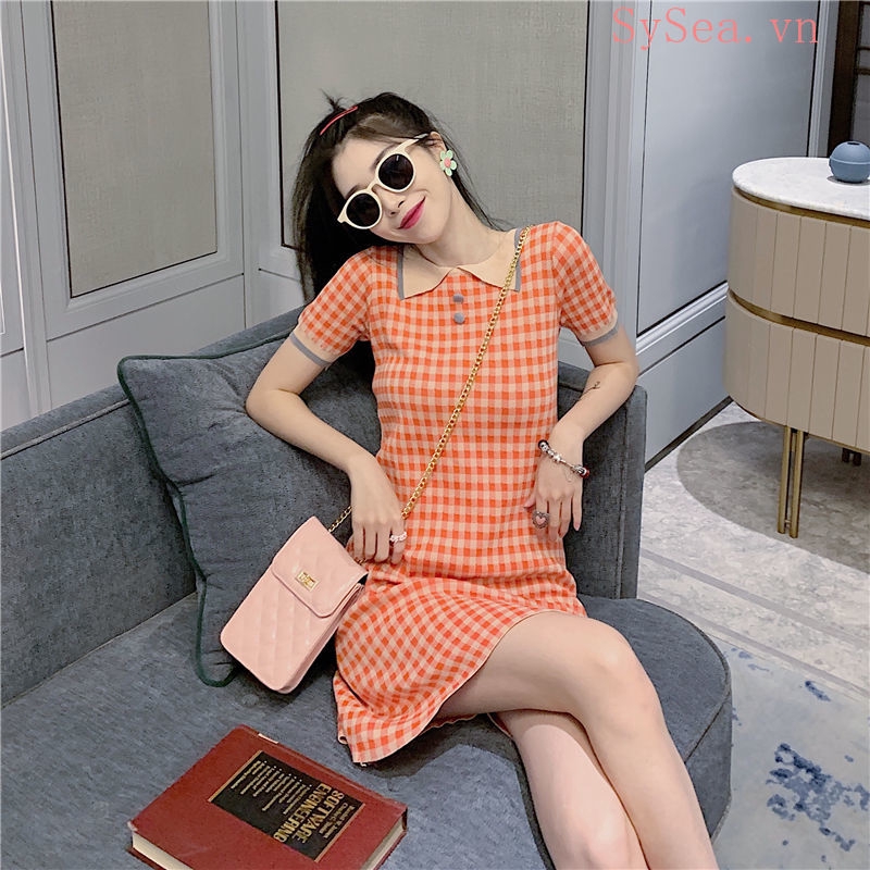 Đầm Dệt Kim Nữ Tay Ngắn Màu Cam Phong Cách Hàn Quốc