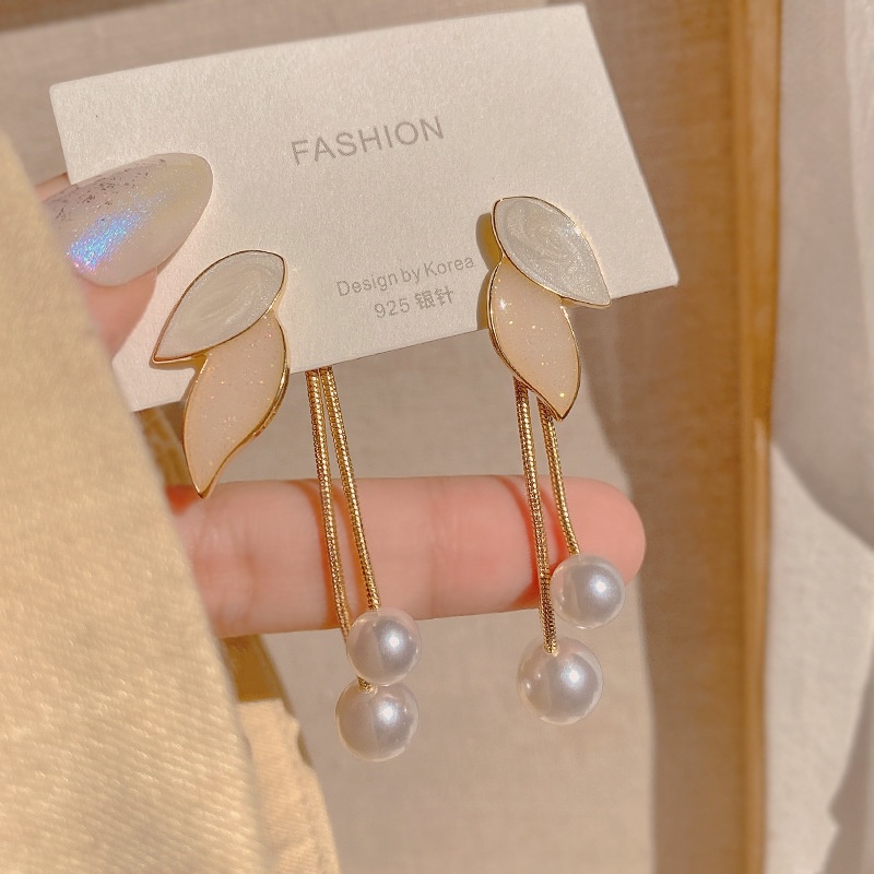 Bông Tai Dáng Dài Đính Lá Và Ngọc Trai Đơn Giản Phong Cách Hàn Quốc