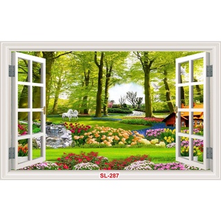 TRANH DÁN TƯỜNG 3D PHONG CẢNH CỬA SỔ VƯỜN HOA - TRANH VƯỜN HOA ĐẸP THƠ MỘNG