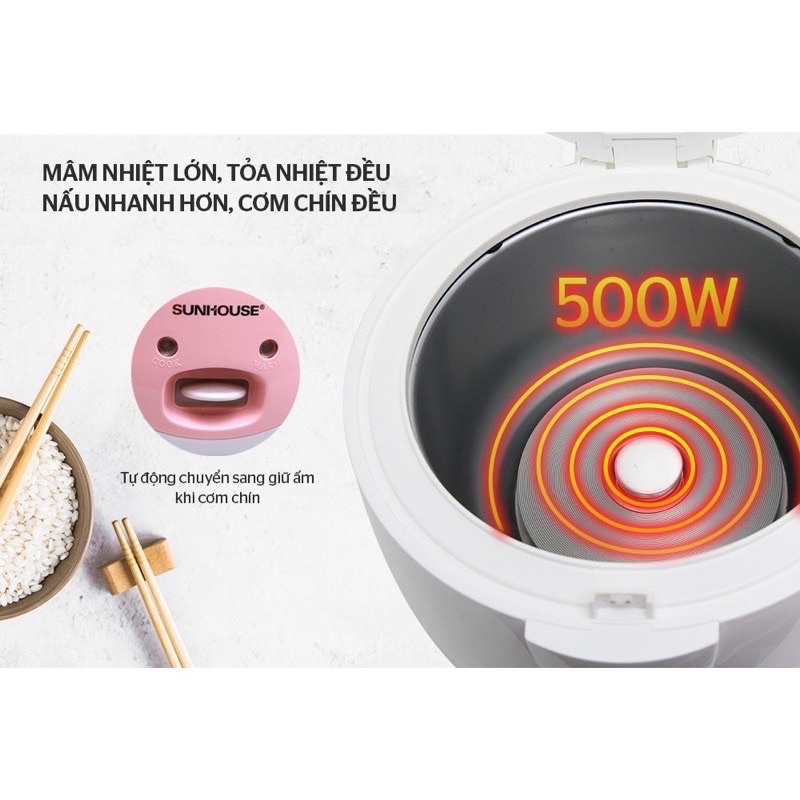 Nồi cơm điện Sunhouse SHD8217W, Công suất 500W, Dung tích 1.2 lít