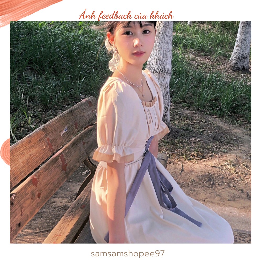 Đầm công chúa thắt eo phong cách Pháp cổ vuông