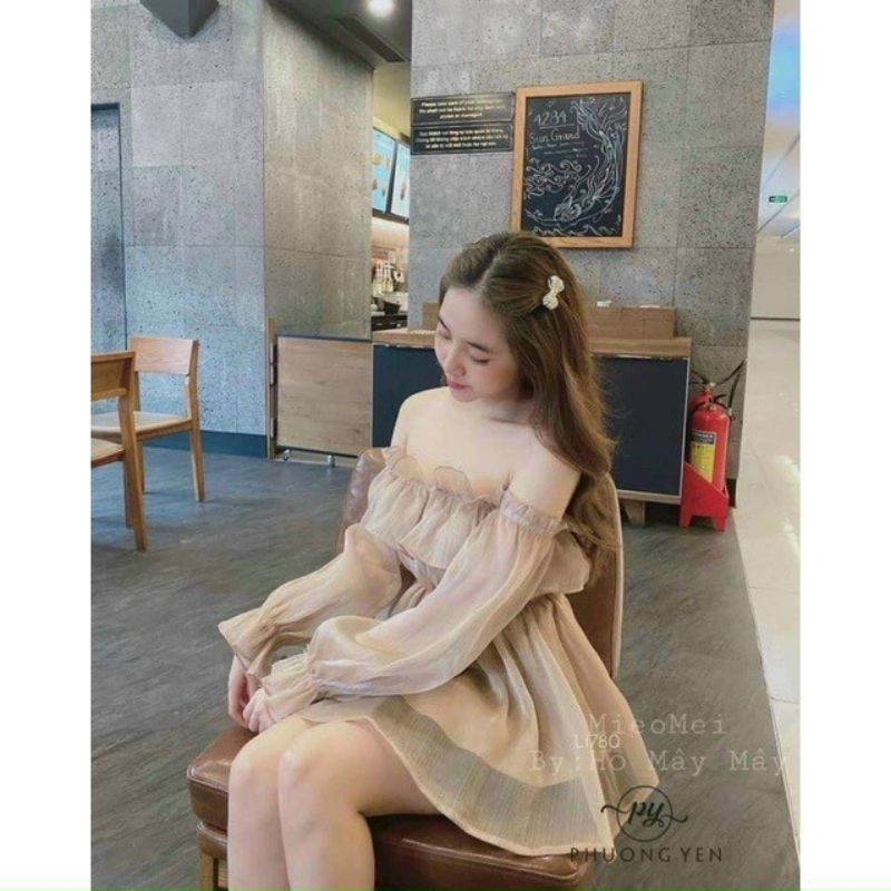 Đầm tơ gân bẹt vai tay dài bo siêu dễ thương