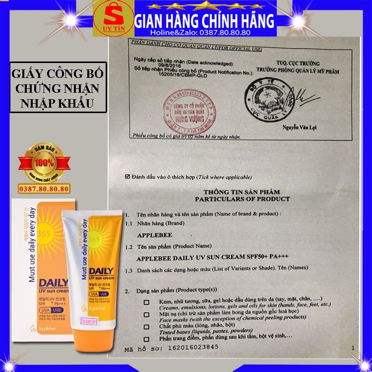 Kem chống nắng kem nền vật lý kiềm dầu nâng tone da chính hãng Beau Shop hàn quốc Applecc Daily UV Sun Cream SPF 50PA+++