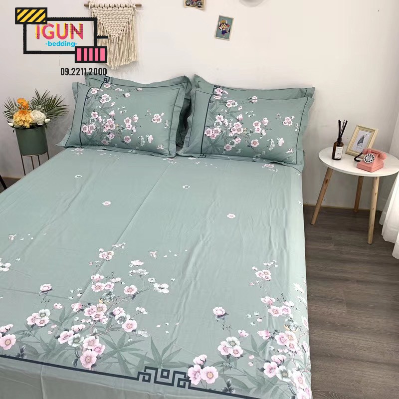 Bộ Chăn Ga Gối  4 món COTTON 100% Hàn - Organic - Living KHUNG HOA ĐÀO HỒNG XUÂN